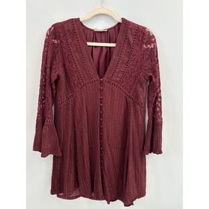 Altar'd State Medium Burgundy Lace Boho Button Front Dress Bell Sleeve Romantic